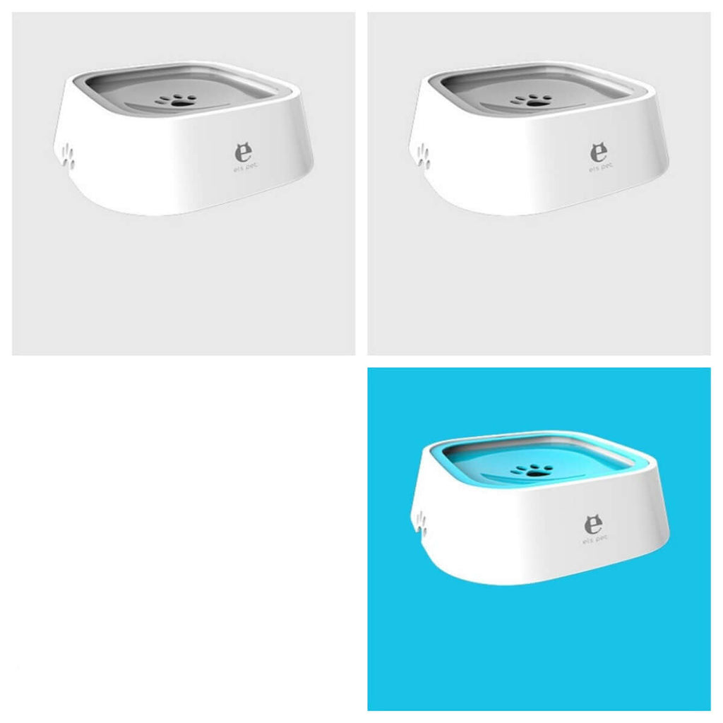 Perro curioso inspeccionando el Anti Spill Pet Water Bowl, diseño anti derrame para mantener el agua limpia.