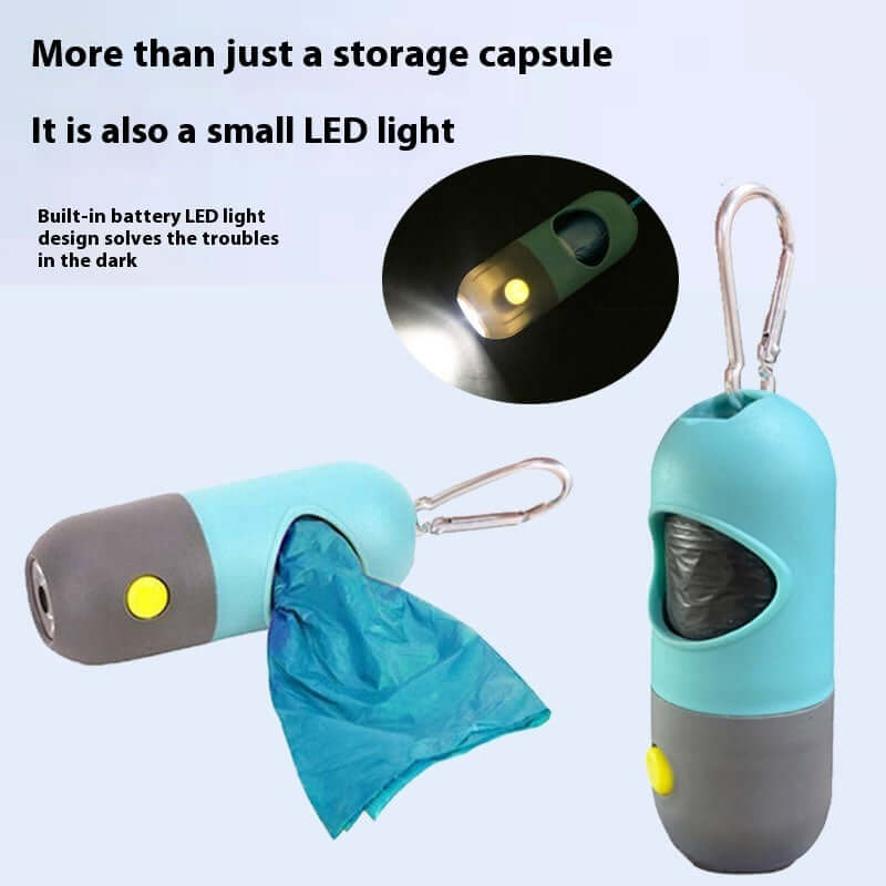 Dispositivo dispensador de bolsaLED pet waste bag dispenser for dogs and catss de desechos para mascotas LED para perros y gatos en color azul y gris.