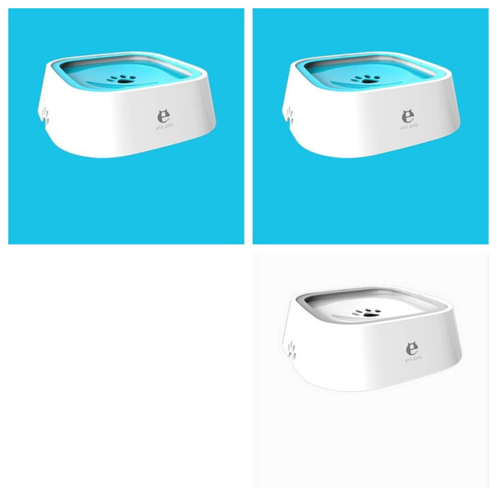 Perro curioso inspeccionando el Anti Spill Pet Water Bowl, diseño anti derrame para mantener el agua limpia.
