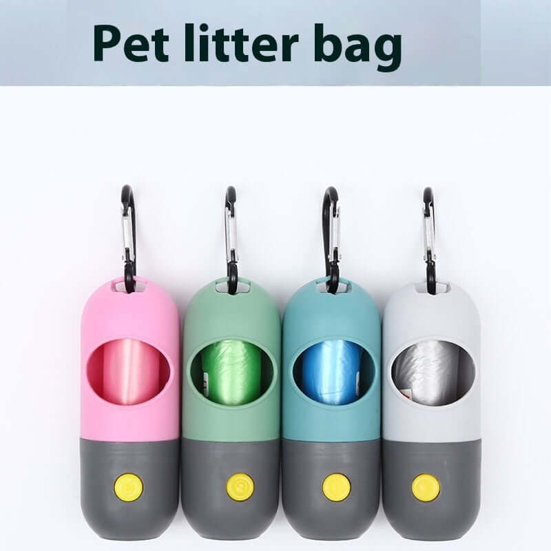 Dispositivo dispensador de bolsas de deLED pet waste bag dispenser for dogs and catssechos para mascotas LED para perros y gatos en color azul y gris.