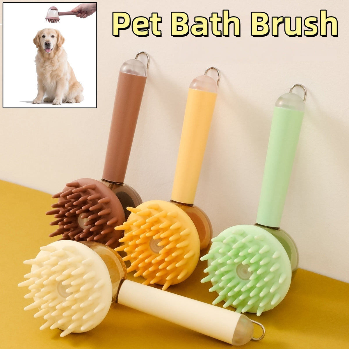 3 in 1 Pet Bath Brush en varios colores para perros y gatos, ideal para limpieza y masaje durante el baño.