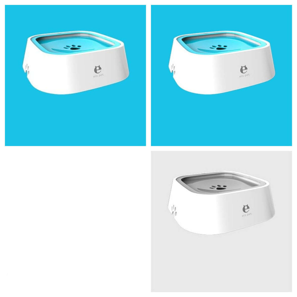 Perro curioso inspeccionando el Anti Spill Pet Water Bowl, diseño anti derrame para mantener el agua limpia.