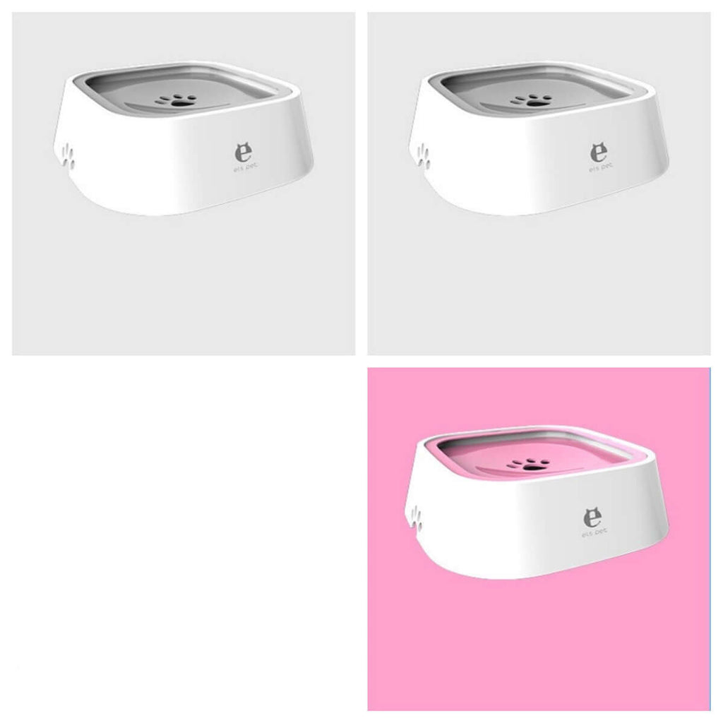 Perro curioso inspeccionando el Anti Spill Pet Water Bowl, diseño anti derrame para mantener el agua limpia.