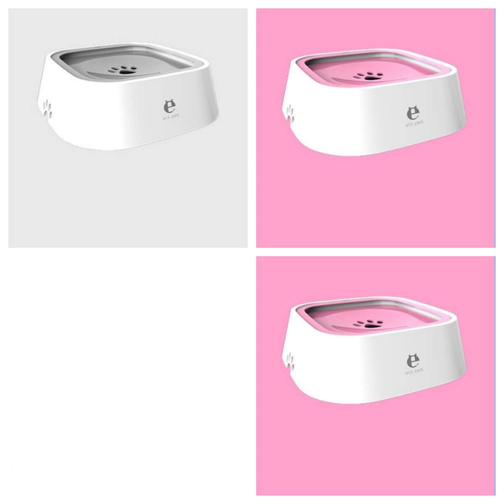 Perro curioso inspeccionando el Anti Spill Pet Water Bowl, diseño anti derrame para mantener el agua limpia.